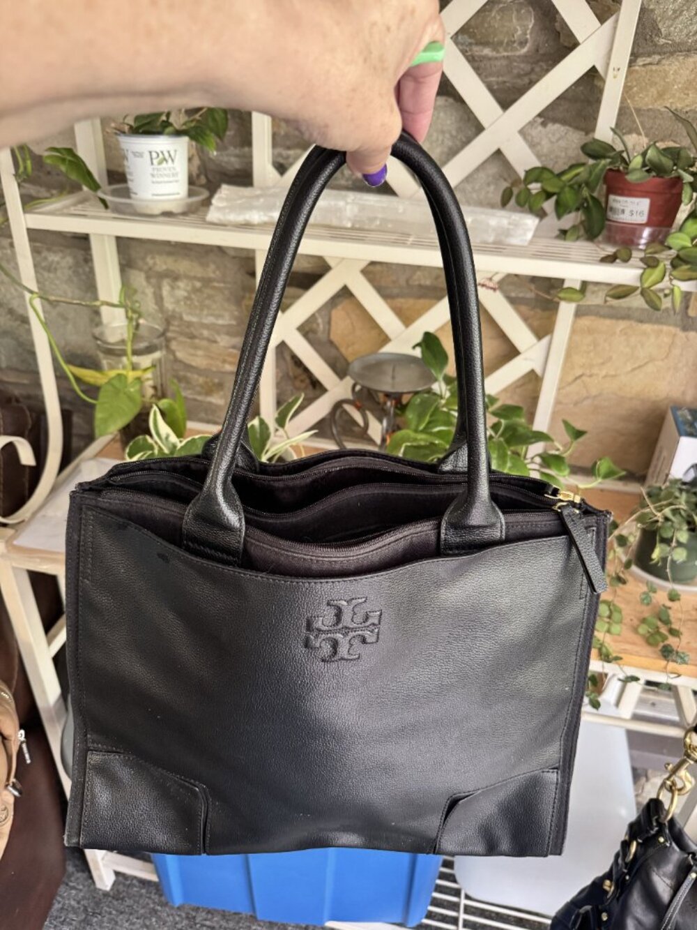 Tory Burch Black Pebbled Leather Tote Bag Double T Logo Embossed Classic